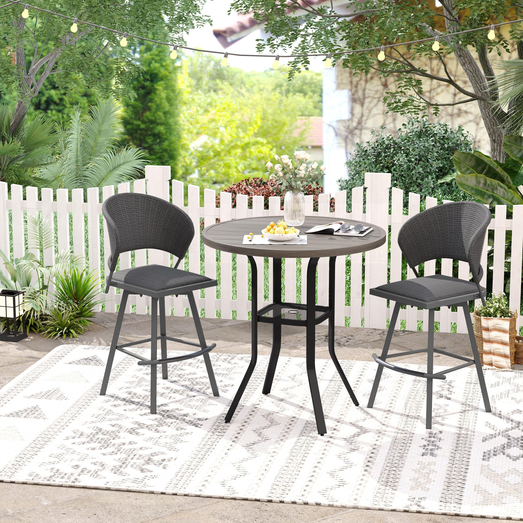 VICLLAX Patio 5 Pieces Outdoor Long Bar Set, Dining Pub Set with 41" Rectangle Bar Height Table and 2 Swivel Rattan Chairs for Lawn, Garden, Poolside, Grey