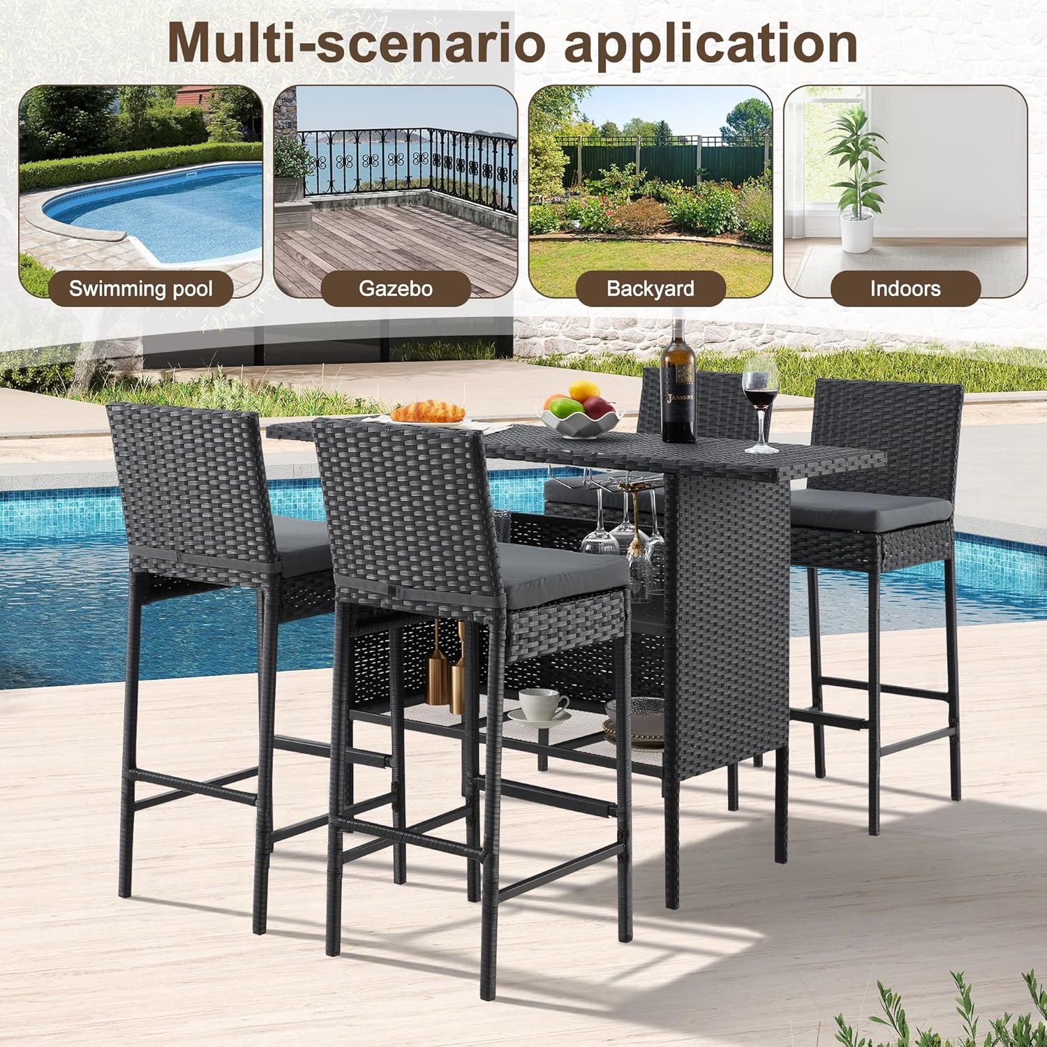 ECOTOUGE Bar Height Patio Set(Wicker Patio Stools & Smooth Top Table), Patio Bar Table and Chairs Set with Removable Cushion for Poolside (Black, 5 Set)