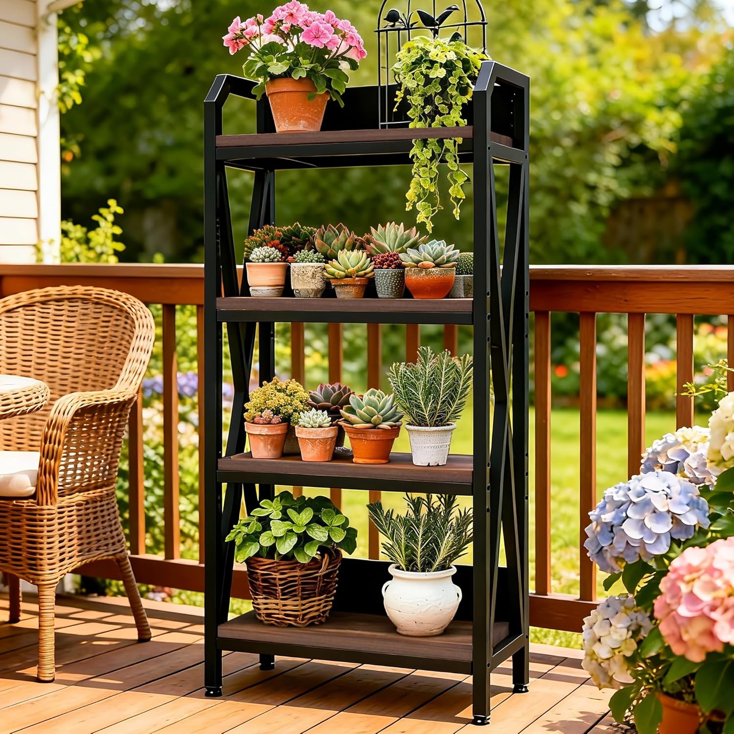 4 Tier Plant Rack, Metal Frame Wood Shelf, Black Industrial Wind, Universal Outdoor Indoor Use, Size 25.6 x 15.8 x 56.3 Inch, Weight Capacity 240 lbs