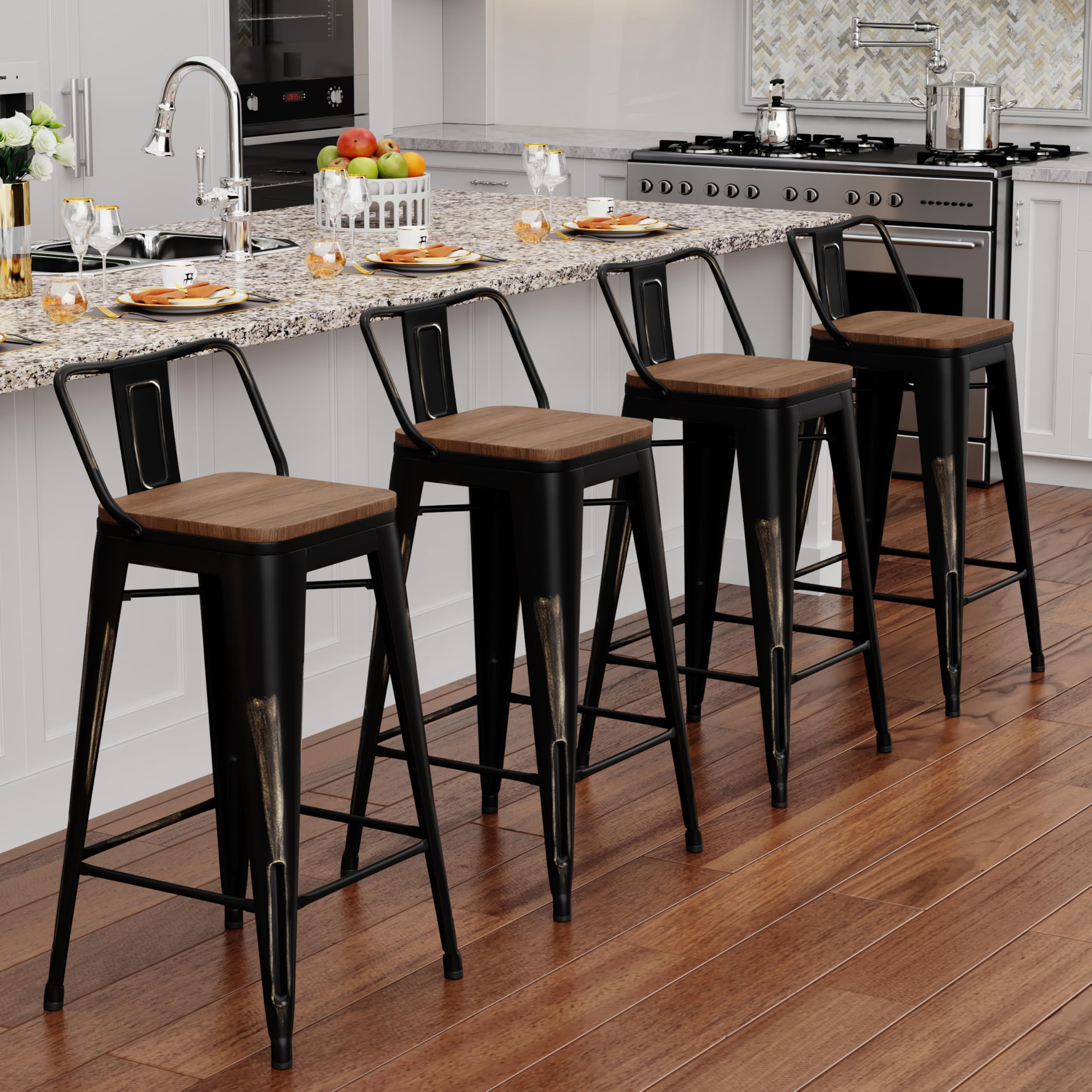 Alunaune 26" Metal Bar Stools Set of 4 Industrial Counter Height Barstools Kitchen Counter Stool Modern Wood Seat-Distressed Teal