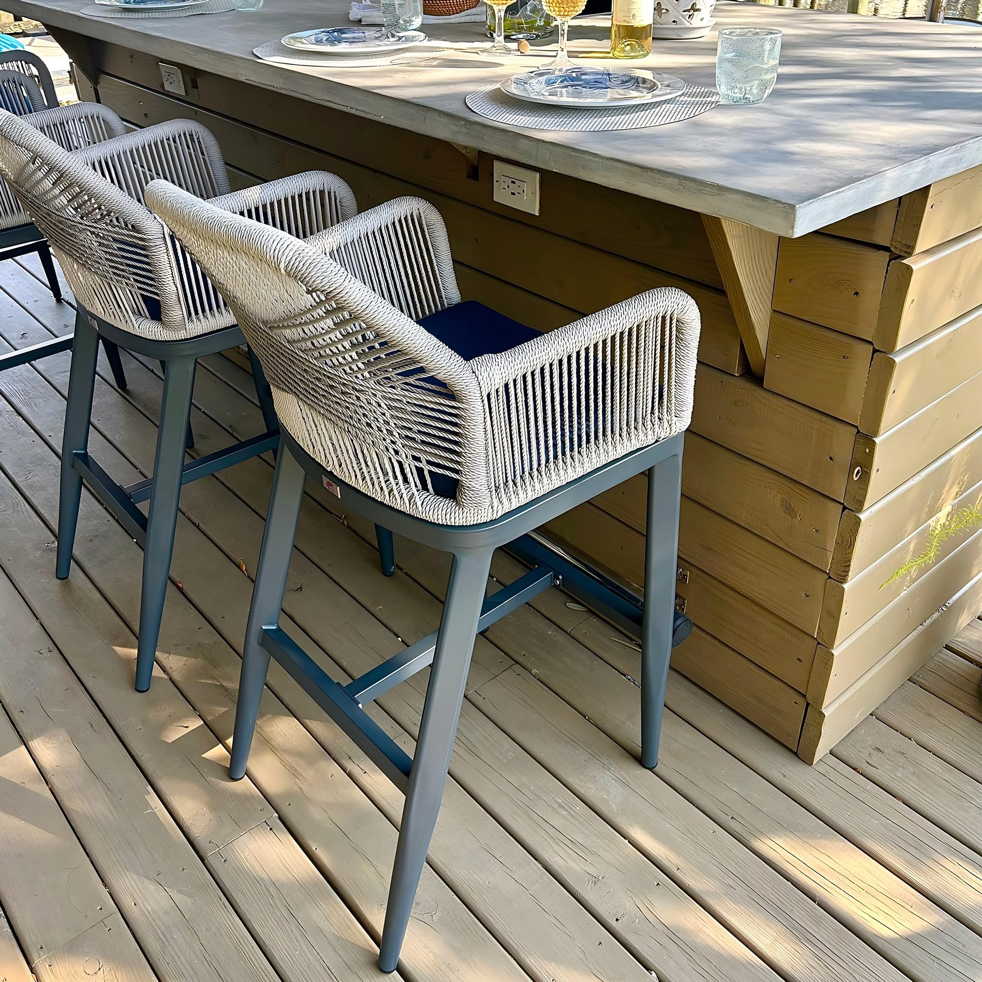 PURPLE LEAF Patio Sunbrella Counter Height Bar Stools 24" H Set of 2 Modern Rattan Bar Chairs Aluminum Stool Outdoor Wicker Barstools with Back and Cushion for Garden Kitchen Island