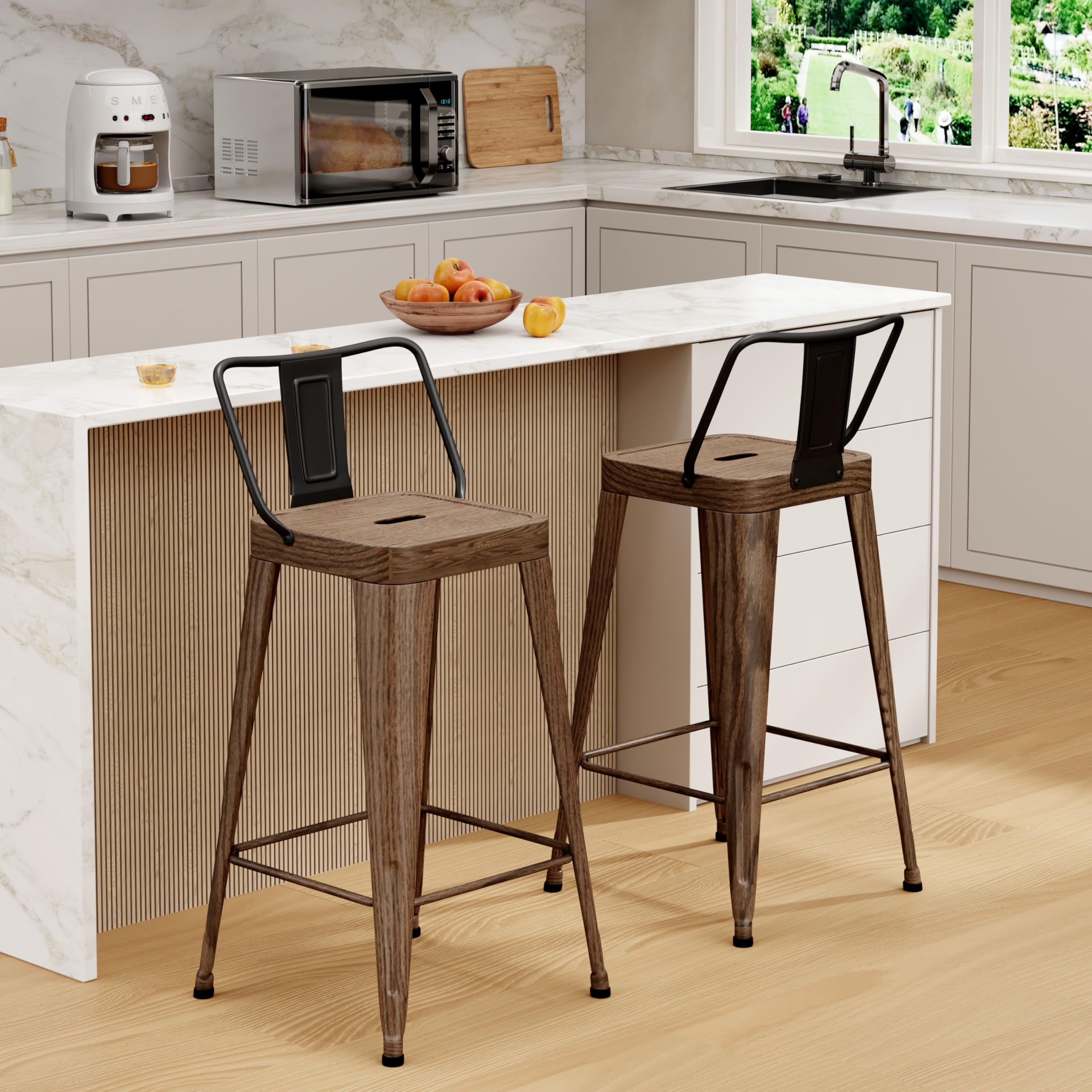 Metal Bar Stools Set of 4 Barstools Indoor/Outdoor Counter Height Bar Stools Bar Chairs with Back 24" Counter Height for Kitchen Island Dining Room (Black, 24inch)
