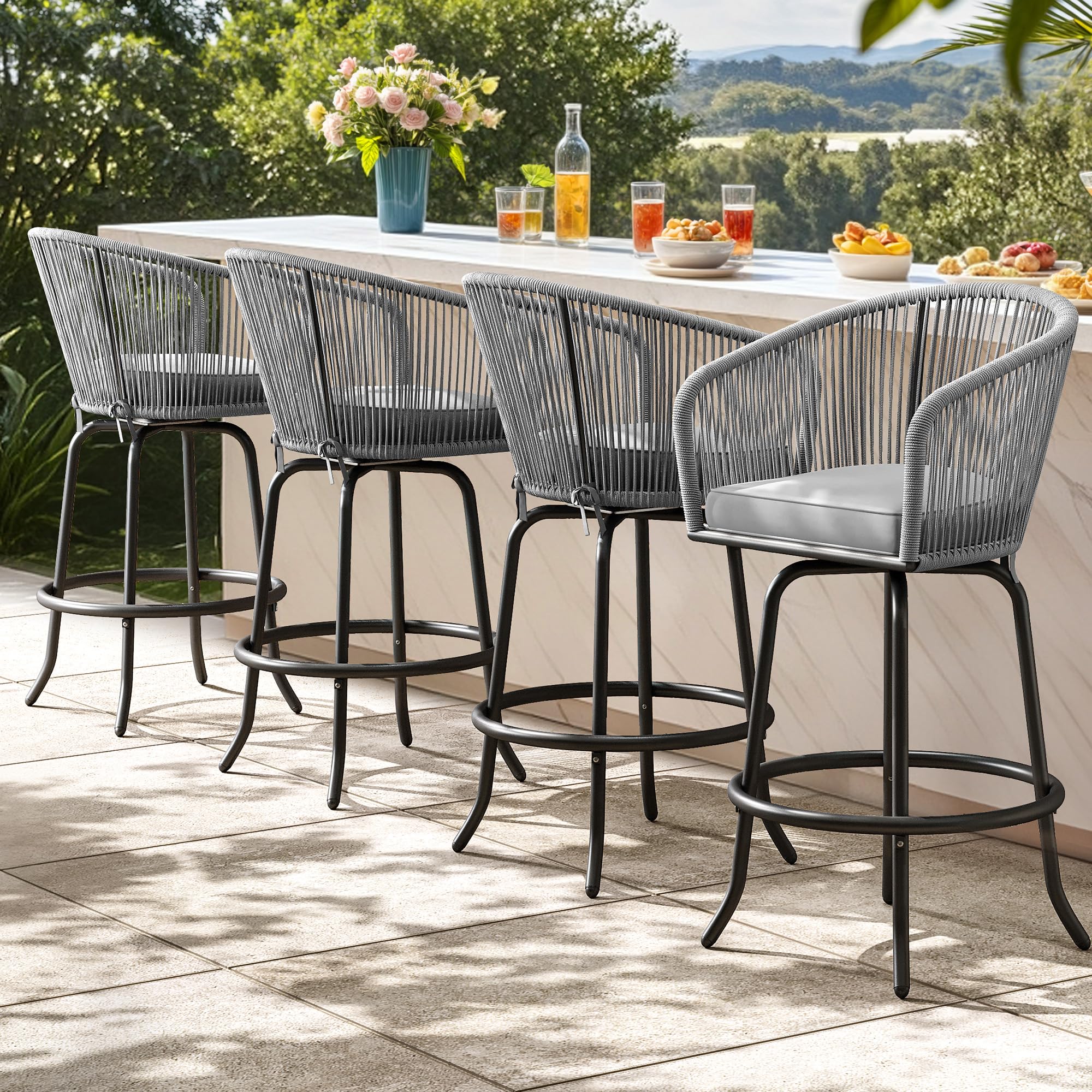 YITAHOME Counter Height Bar Stools Set of 2, Outdoor Bar Stools with Soft Cushions, Patio Rattan Swivel Bar Chairs for Backyard Poolside, Garden w /360 Rotation (Beige)