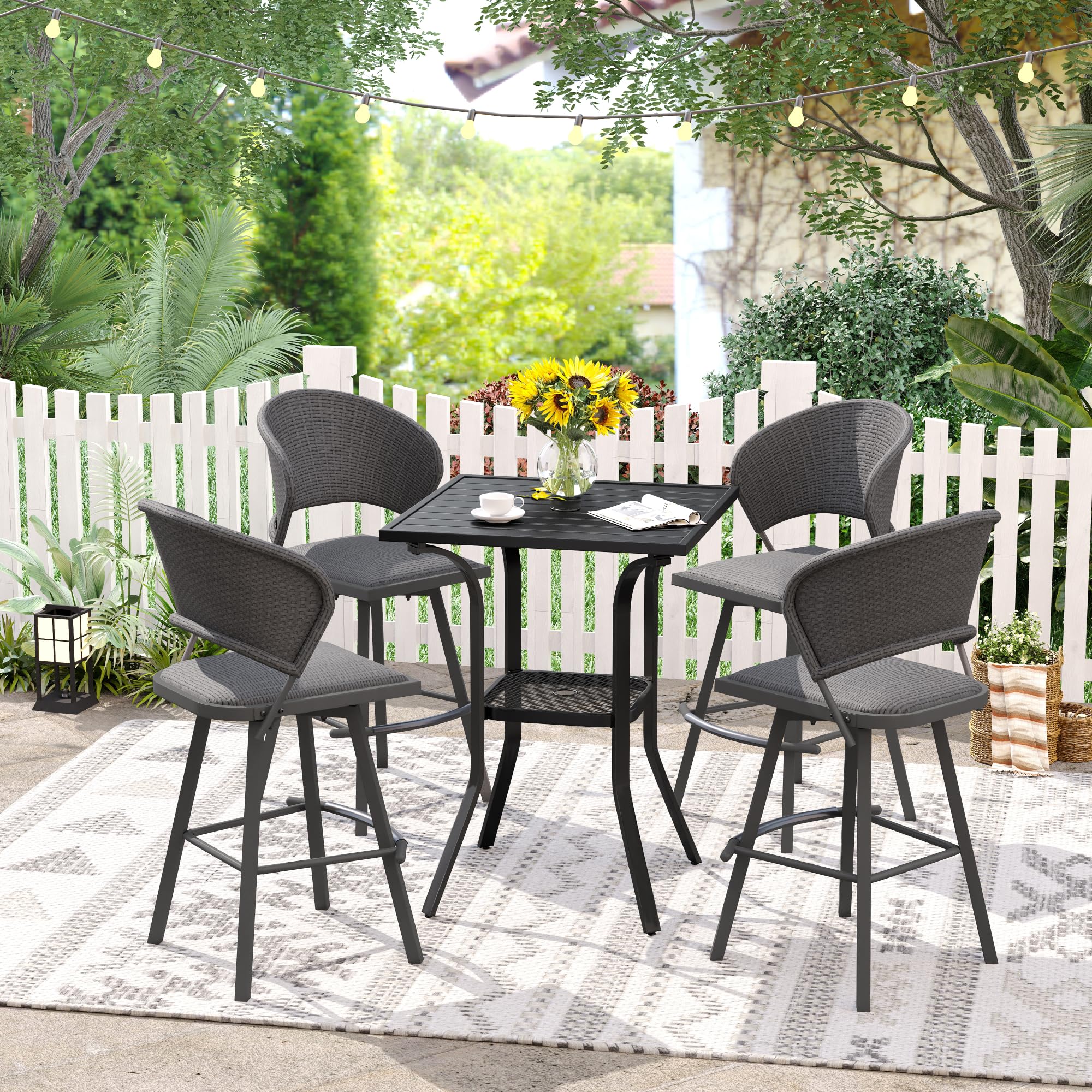 VICLLAX Patio 5 Pieces Outdoor Long Bar Set, Dining Pub Set with 41" Rectangle Bar Height Table and 2 Swivel Rattan Chairs for Lawn, Garden, Poolside, Grey