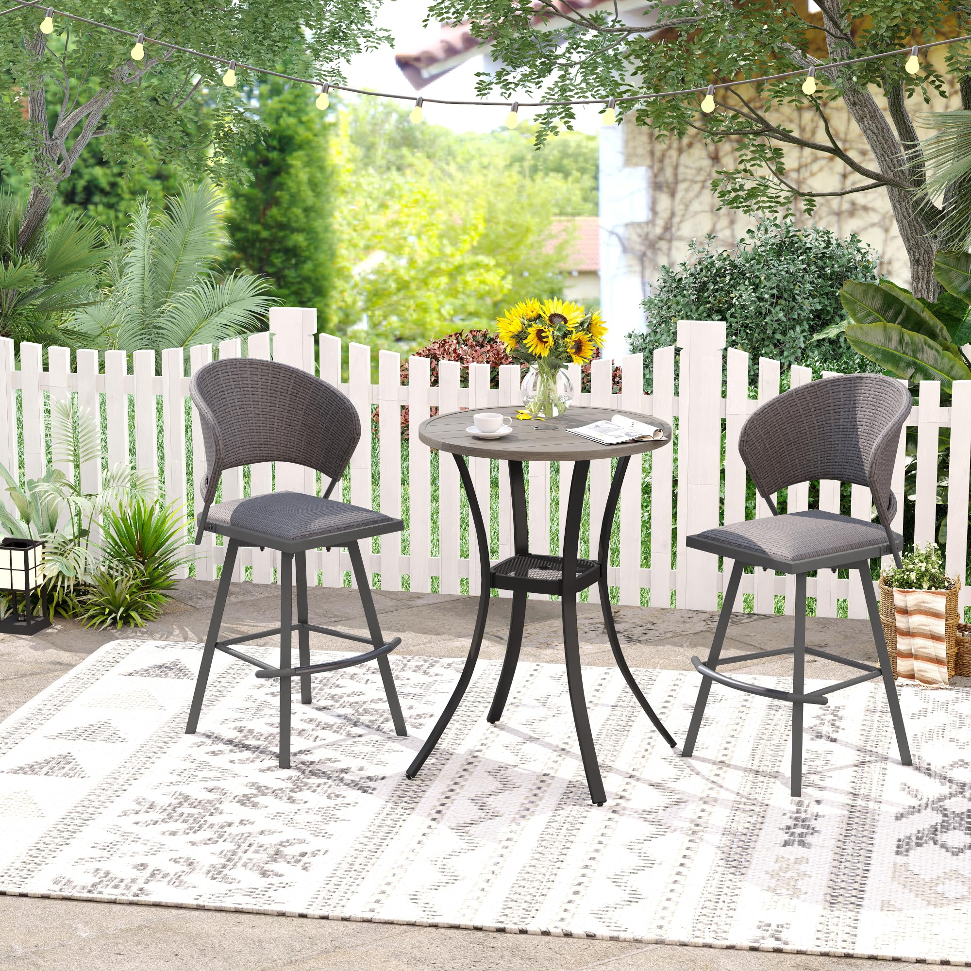 VICLLAX Patio 5 Pieces Outdoor Long Bar Set, Dining Pub Set with 41" Rectangle Bar Height Table and 2 Swivel Rattan Chairs for Lawn, Garden, Poolside, Grey