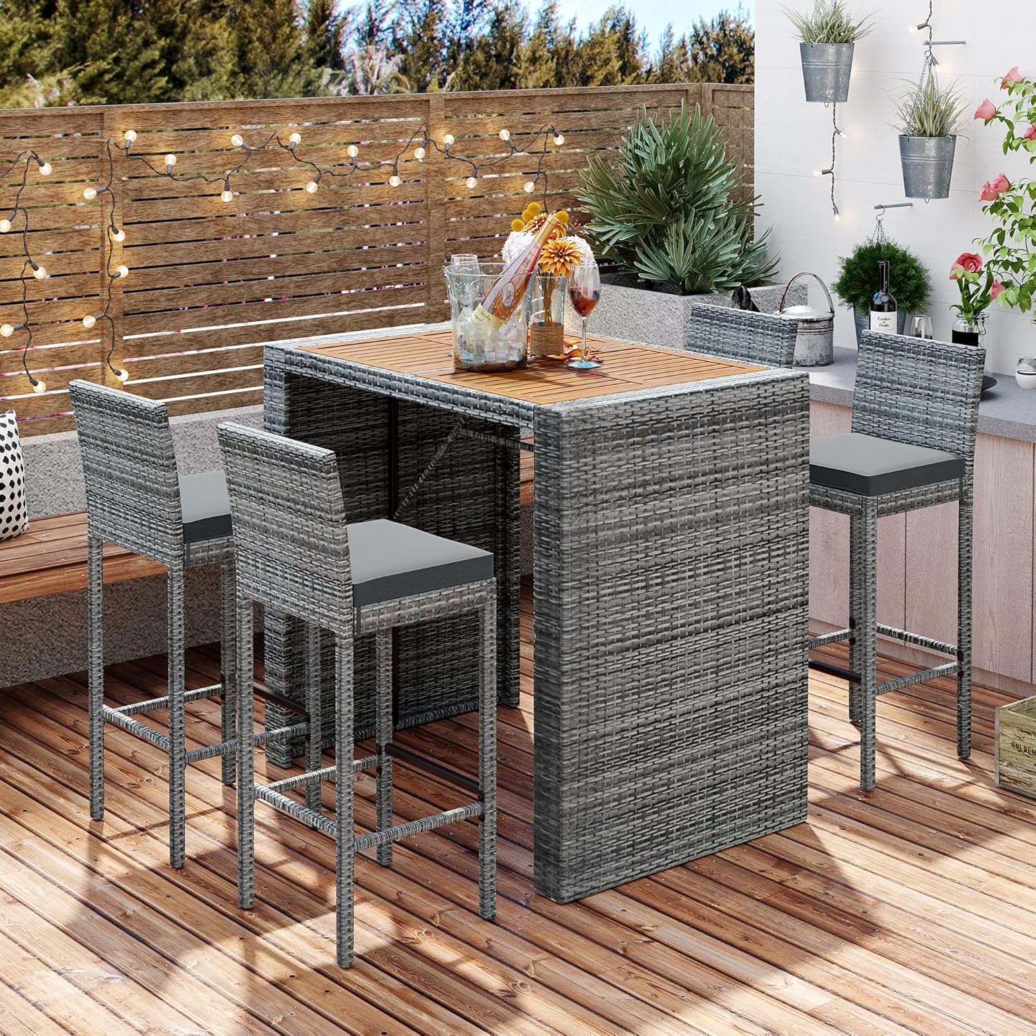 WILLIAMSPACE Patio Bar Table Set of 5, Outdoor Wicker Height Bar Table & 4 Chairs with Cushions & Wood Tabletop, Bistro Set for Backyards Porches (Brown+Grey)