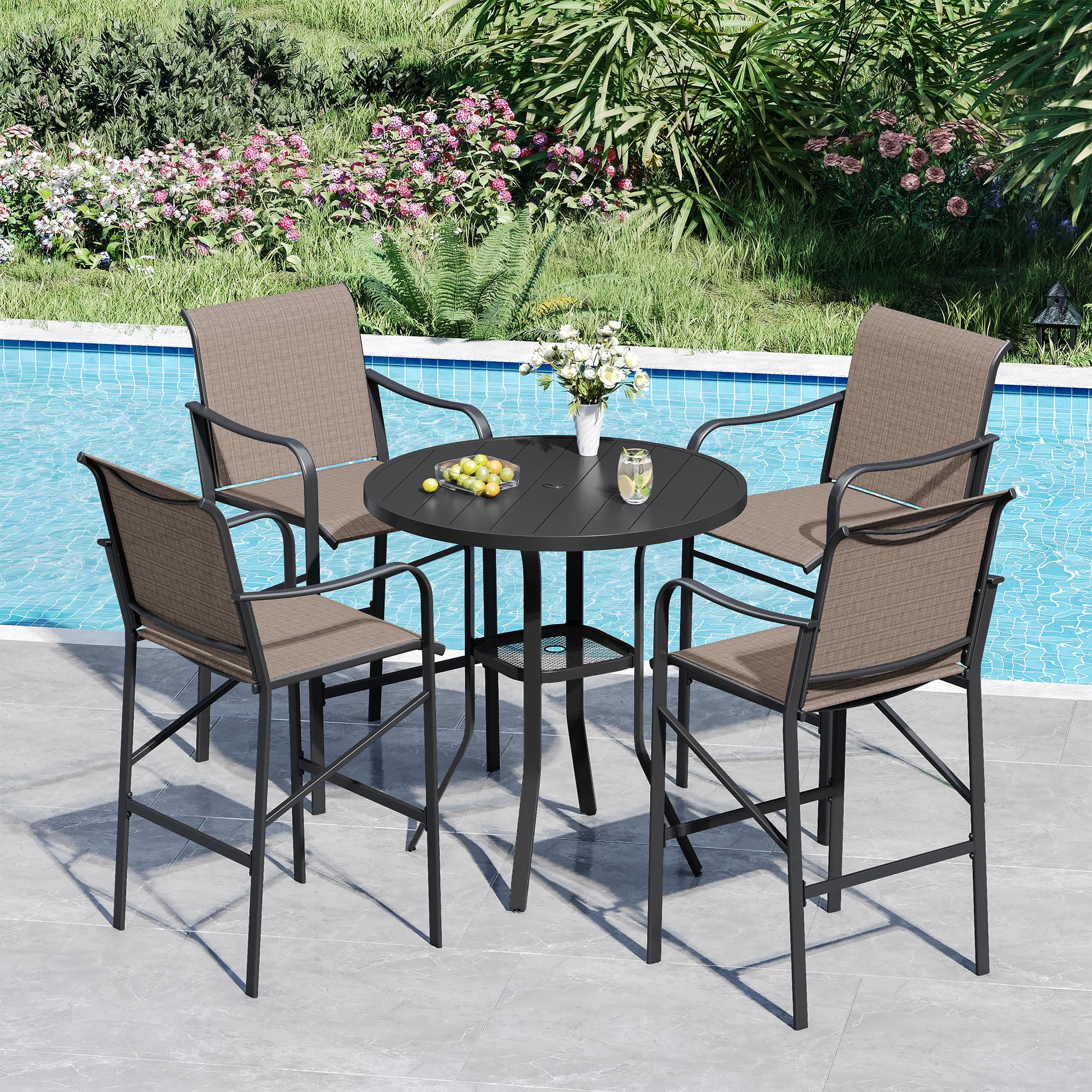 VICLLAX Patio 5 Pieces Outdoor Long Bar Set, Dining Pub Set with 41" Rectangle Bar Height Table and 2 Swivel Rattan Chairs for Lawn, Garden, Poolside, Grey
