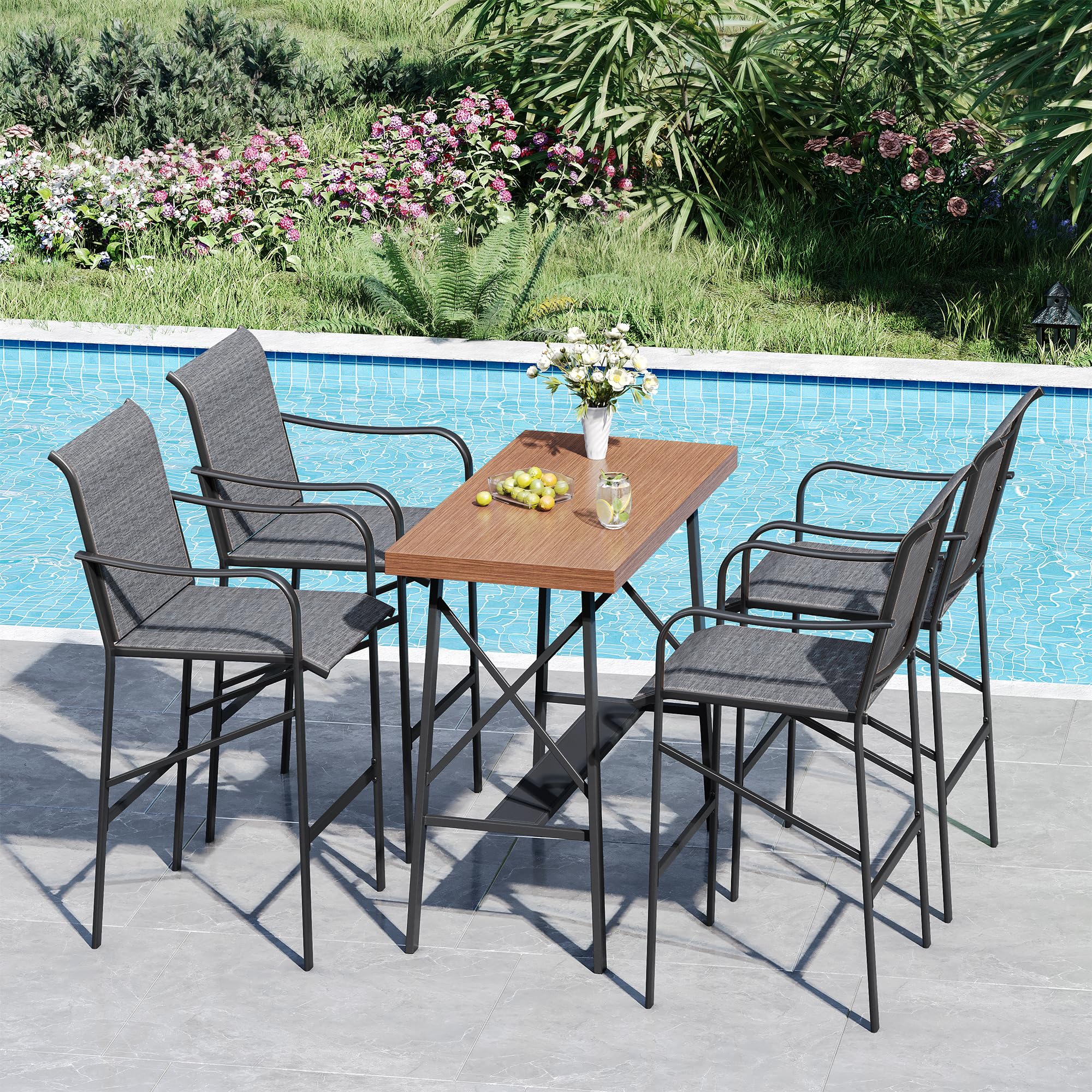 VICLLAX Patio 5 Pieces Outdoor Long Bar Set, Dining Pub Set with 41" Rectangle Bar Height Table and 2 Swivel Rattan Chairs for Lawn, Garden, Poolside, Grey