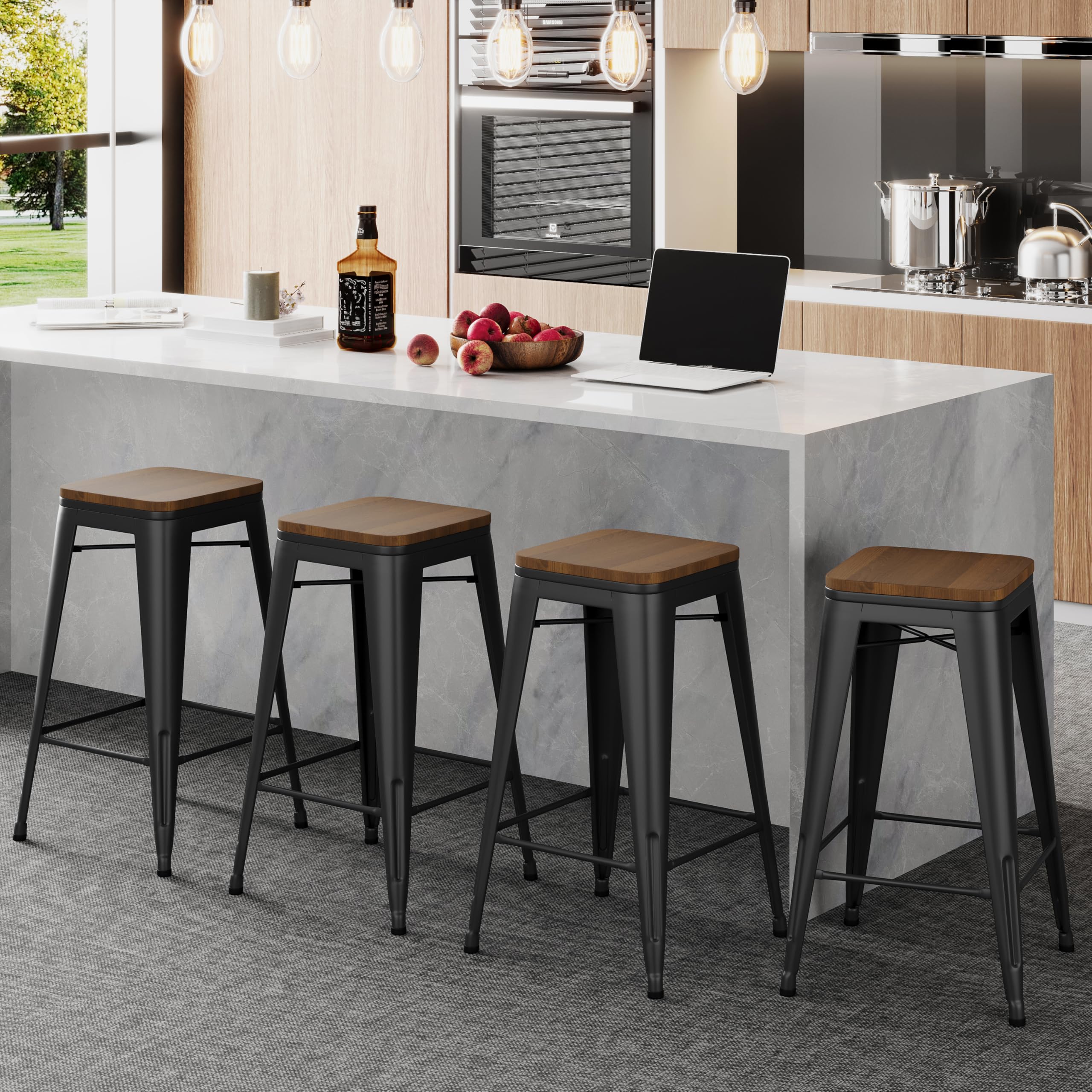 Alunaune 26" Metal Counter Height Bar Stools Set of 4 Backless Stackable Industrial Kitchen Patio Stool Bar Chairs with Wooden Seat-Rusty