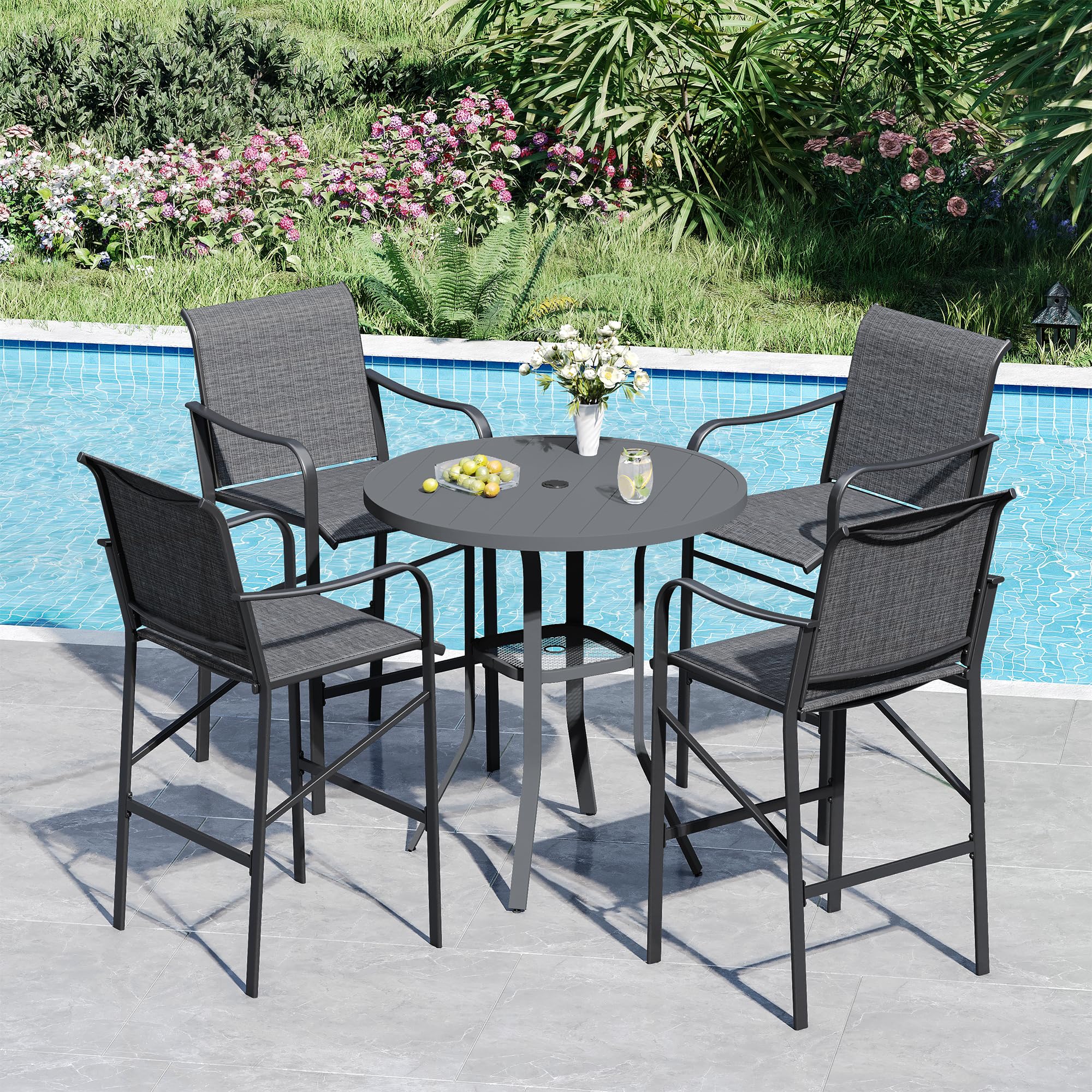 VICLLAX Patio 5 Pieces Outdoor Long Bar Set, Dining Pub Set with 41" Rectangle Bar Height Table and 2 Swivel Rattan Chairs for Lawn, Garden, Poolside, Grey