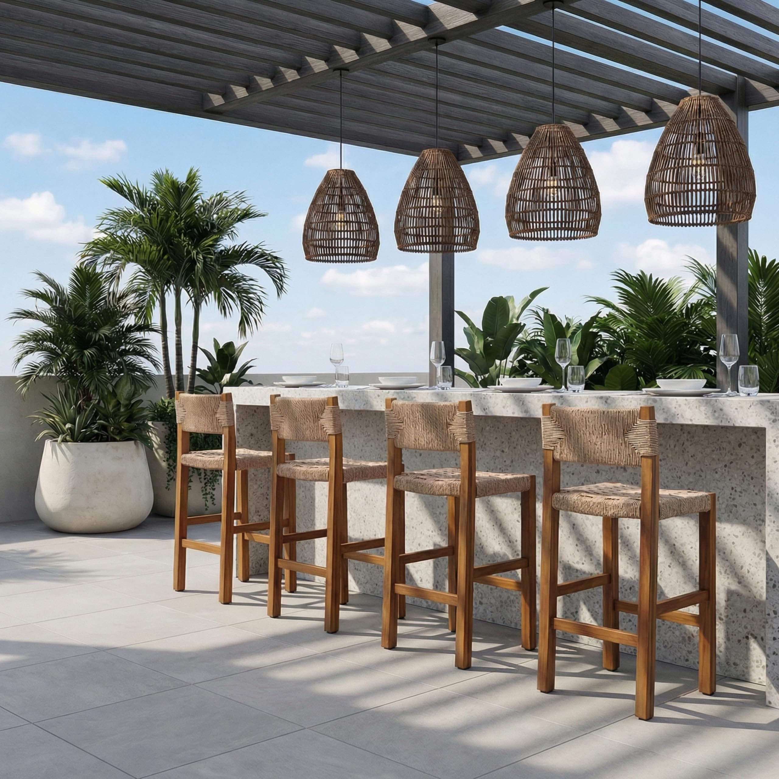 Christopher Knight Home 2-Pack Outdoor Counter Height Bar Stools with Backrest, Acacia Wood Frame Woven Wicker, 28" Patio Bar Chairs with Teak Finish for Deck Balcony Outdoor Bar Table, Light Brown