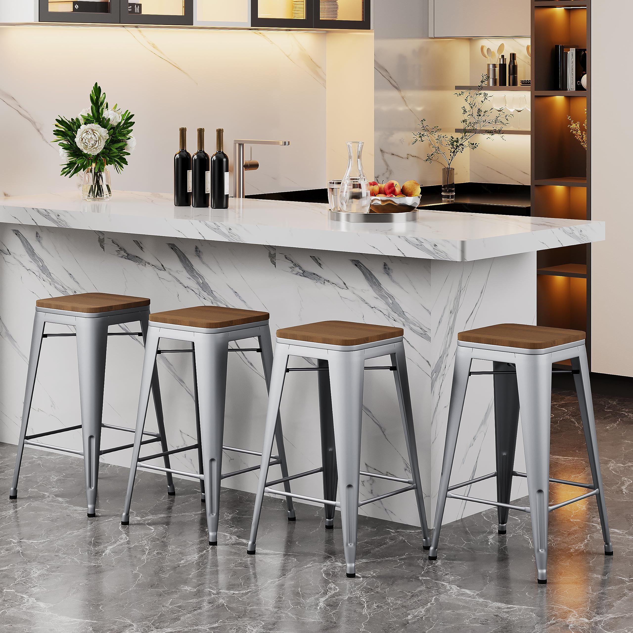 Alunaune 26" Metal Counter Height Bar Stools Set of 4 Backless Stackable Industrial Kitchen Patio Stool Bar Chairs with Wooden Seat-Rusty