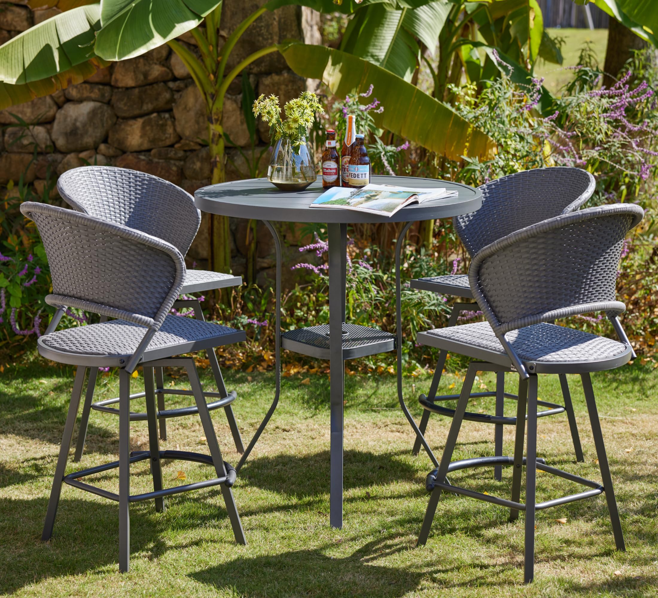VICLLAX Patio 5 Pieces Outdoor Long Bar Set, Dining Pub Set with 41" Rectangle Bar Height Table and 2 Swivel Rattan Chairs for Lawn, Garden, Poolside, Grey
