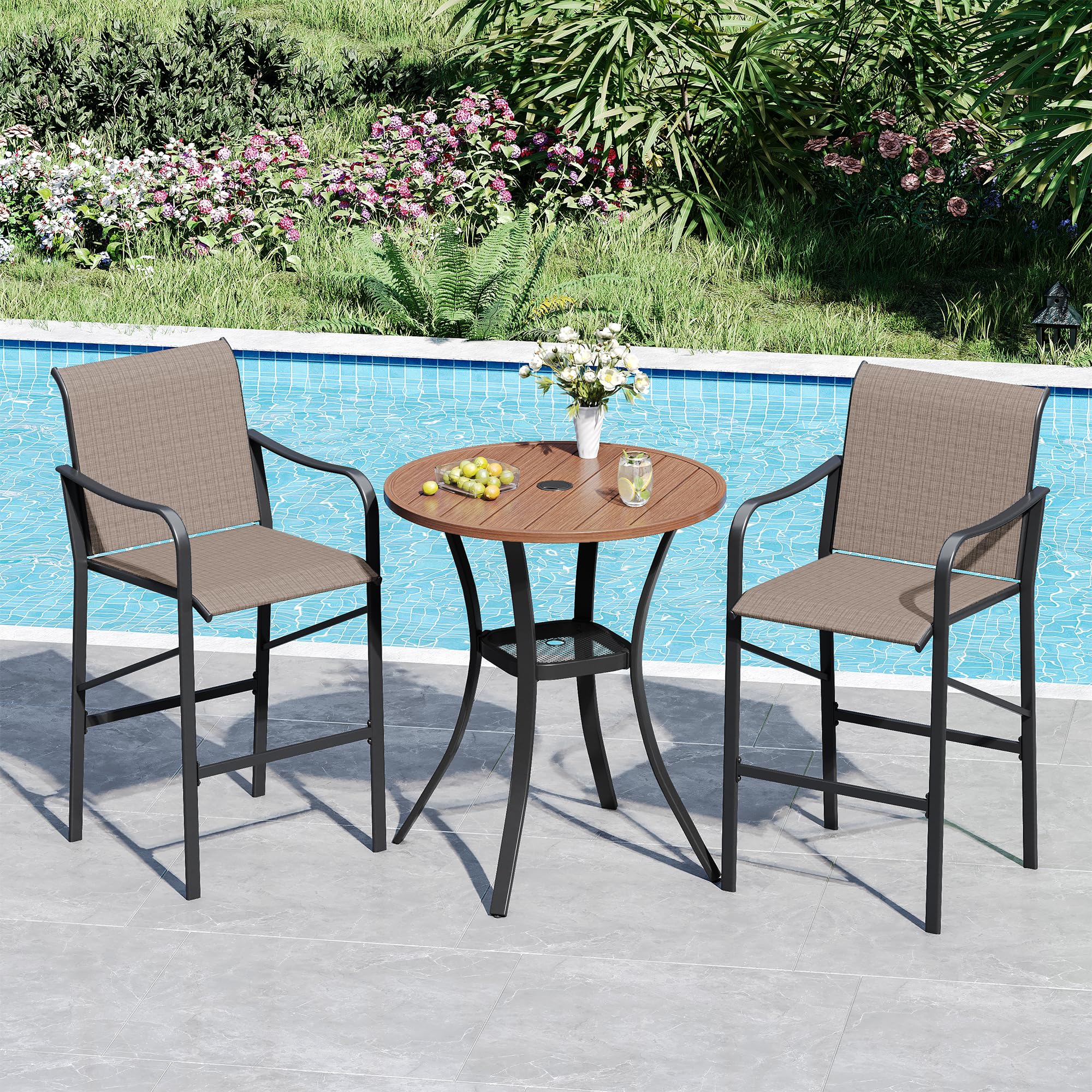 VICLLAX Patio 5 Pieces Outdoor Long Bar Set, Dining Pub Set with 41" Rectangle Bar Height Table and 2 Swivel Rattan Chairs for Lawn, Garden, Poolside, Grey