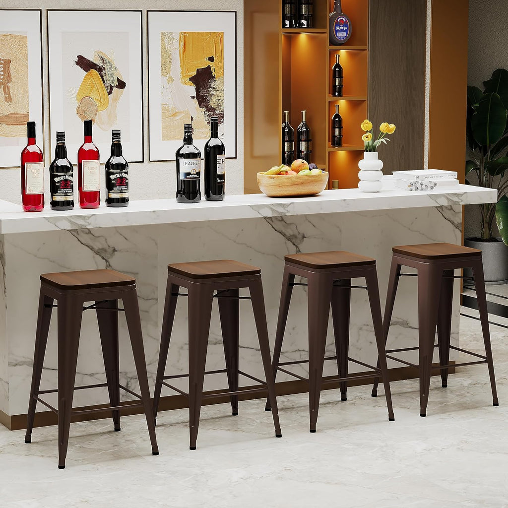 Alunaune 26" Metal Counter Height Bar Stools Set of 4 Backless Stackable Industrial Kitchen Patio Stool Bar Chairs with Wooden Seat-Rusty