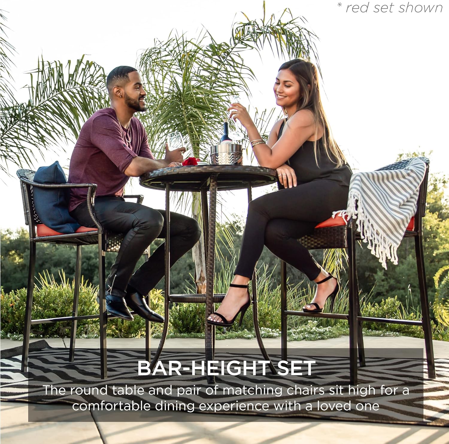 Best Choice Products 3-Piece Patio Bar Table Set, Outdoor Wicker Bar Height Bistro Furniture for Backyard, Poolside, Balcony w/Barstools, Cushions, Steel Frame – Gray/Blue