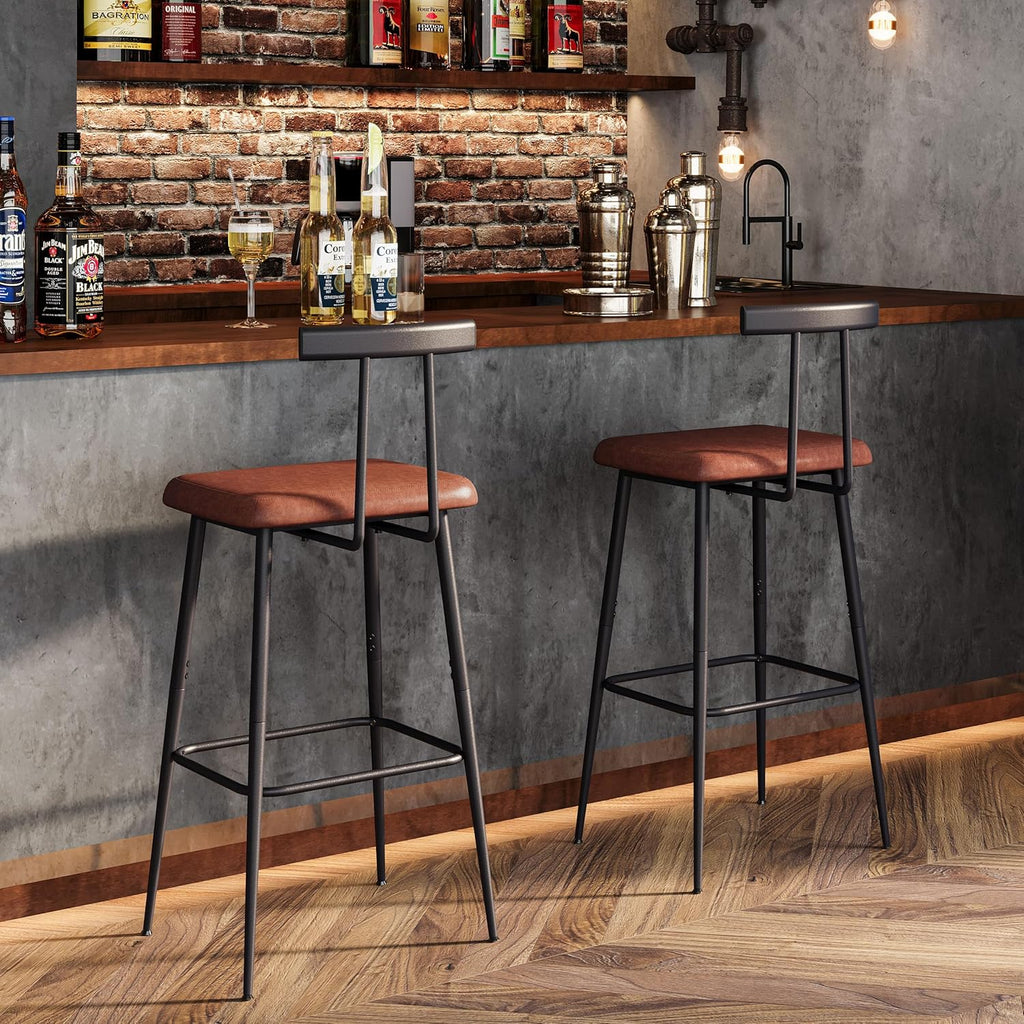 Bar Stools set of 2, Tall Bar Stools with Backrest and Footrest, Counter Height Bar Chairs, Industrial Barstools with PU Leather Cushion, for Kitchen, Dining Room, Bar, Cafe (Rustic Brown)KBS515R