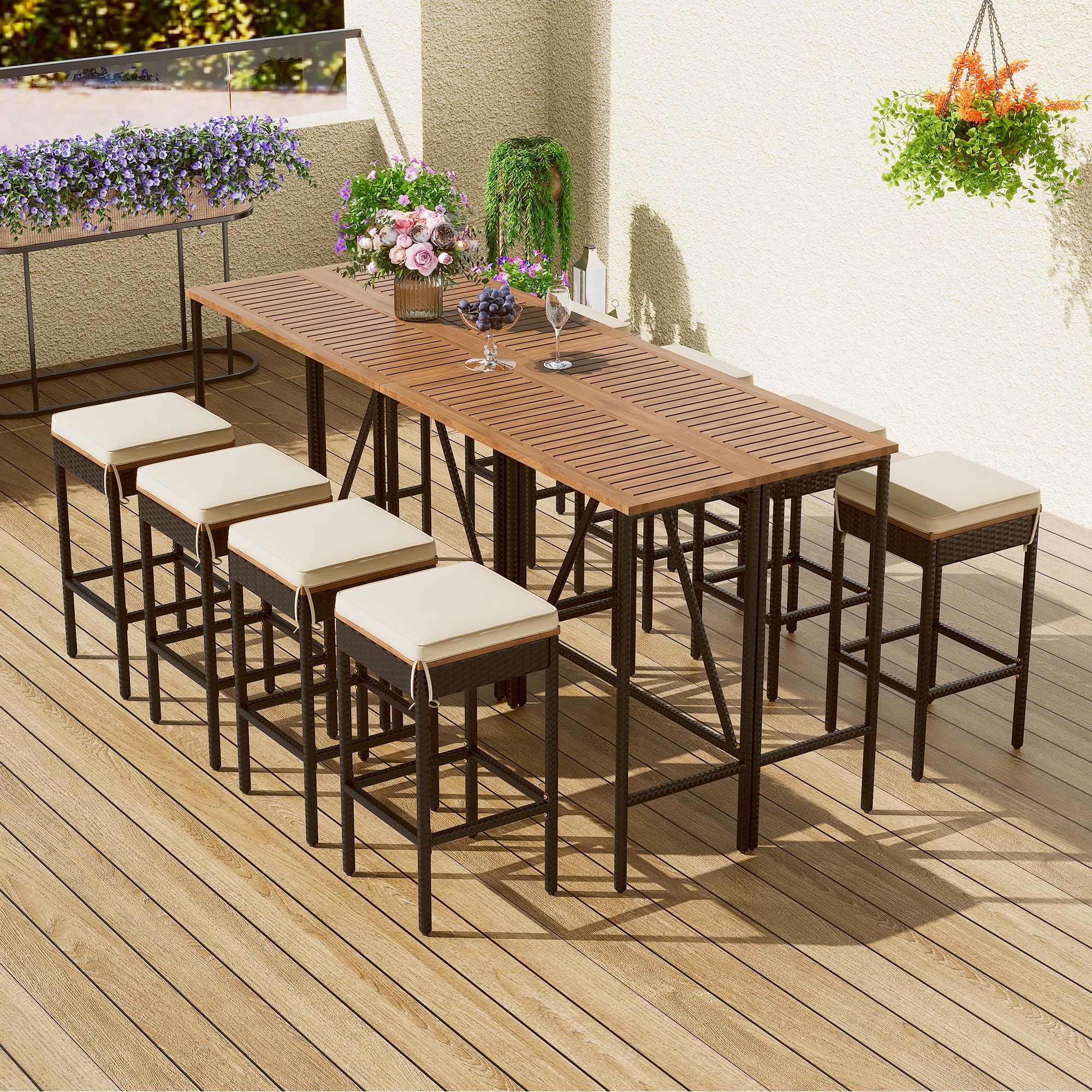 WILLIAMSPACE Patio Bar Table Set of 5, Outdoor Wicker Height Bar Table & 4 Chairs with Cushions & Wood Tabletop, Bistro Set for Backyards Porches (Brown+Grey)