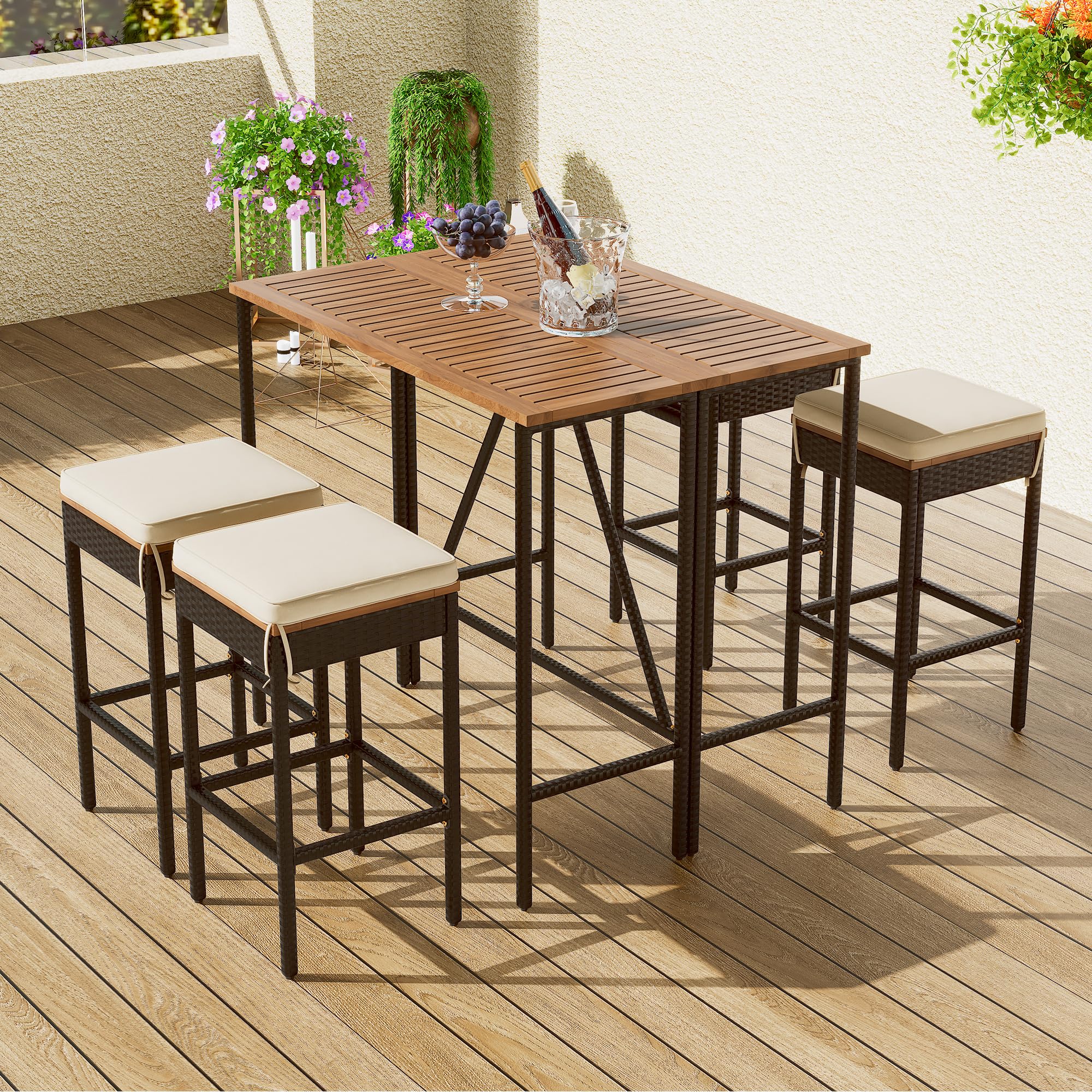 WILLIAMSPACE Patio Bar Table Set of 5, Outdoor Wicker Height Bar Table & 4 Chairs with Cushions & Wood Tabletop, Bistro Set for Backyards Porches (Brown+Grey)